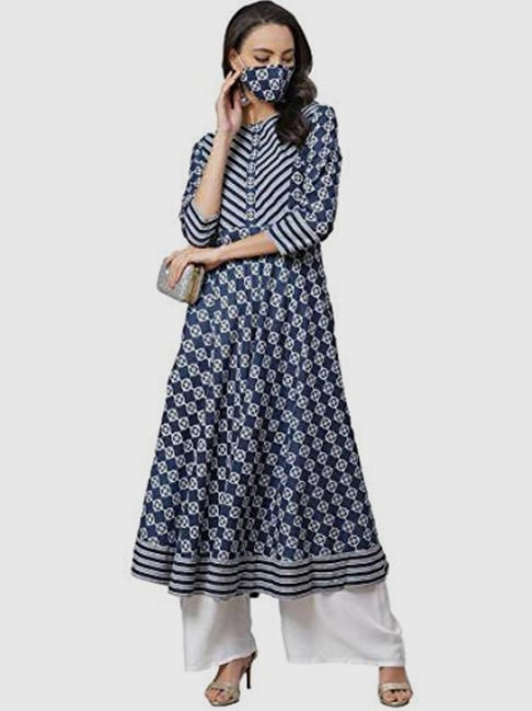 YASH GALLERY Blue Cotton Printed Flared Kurta-picture-27
