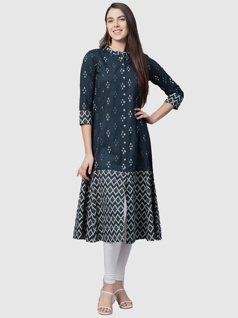 YASH GALLERY Blue Cotton Printed A Line Kurta