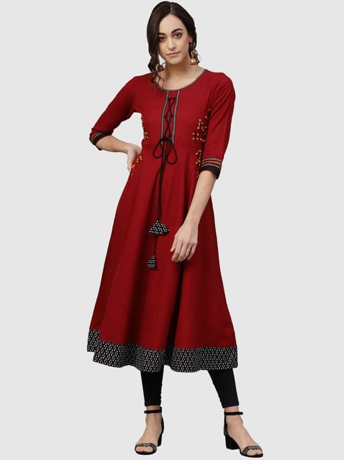YASH GALLERY Maroon Cotton Embroidered Flared Kurta-picture-35