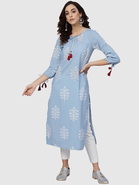 YASH GALLERY Blue Embroidered Straight Kurta Price in India