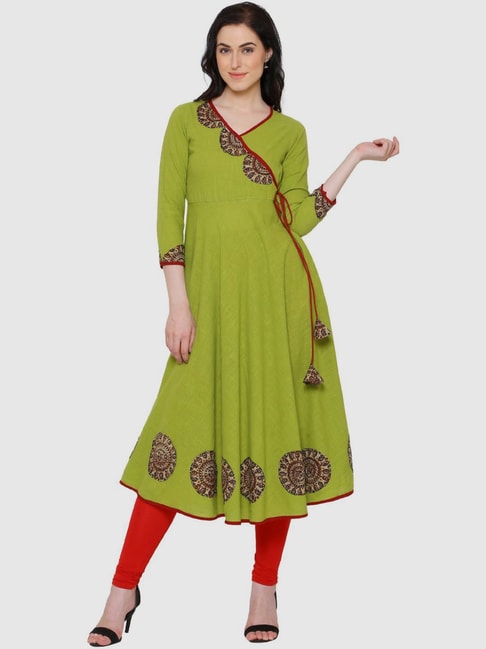 YASH GALLERY Green Cotton Printed Flared Kurta Price in India