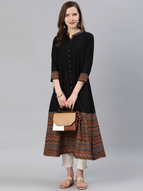 YASH GALLERY Black Printed A Line Kurta Price in India