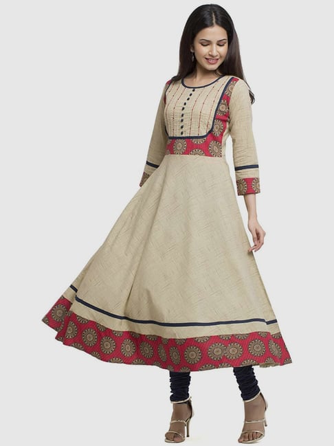 YASH GALLERY Beige Cotton Printed Flared Kurta-picture-12