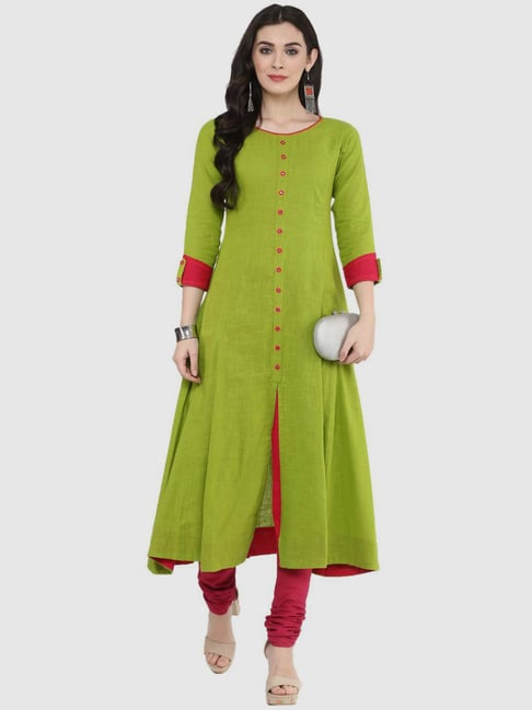 YASH GALLERY Green Cotton Embroidered A Line Kurta Price in India