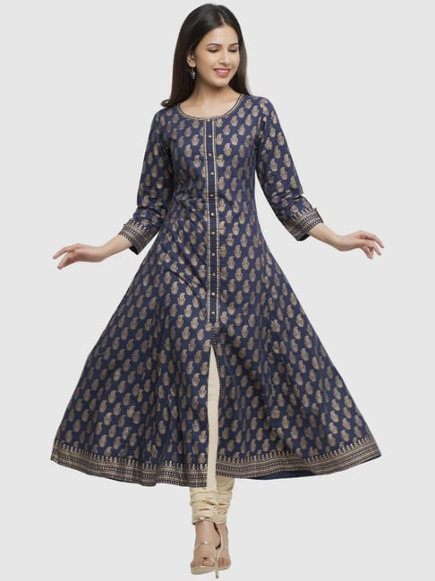 YASH GALLERY Navy Cotton Printed A Line Kurta Price in India