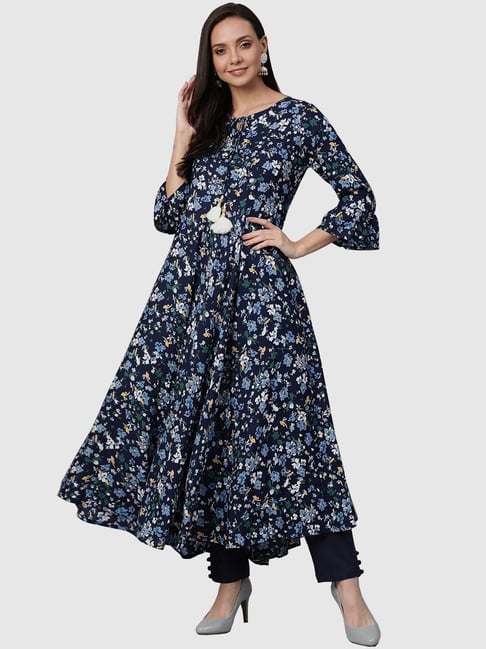 YASH GALLERY Navy Floral Print Flared Kurta Price in India