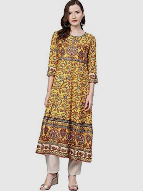 YASH GALLERY Mustard Printed Flared Kurta-picture-21