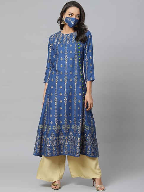 YASH GALLERY Blue Printed A Line Kurta Price in India