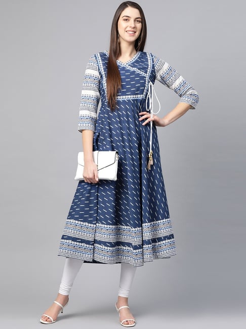 YASH GALLERY Blue Cotton Printed Flared Kurta Price in India