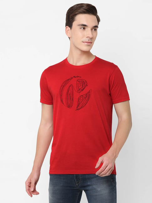 Pepe Jeans Red Printed Round Neck Short Sleeves T-Shirt