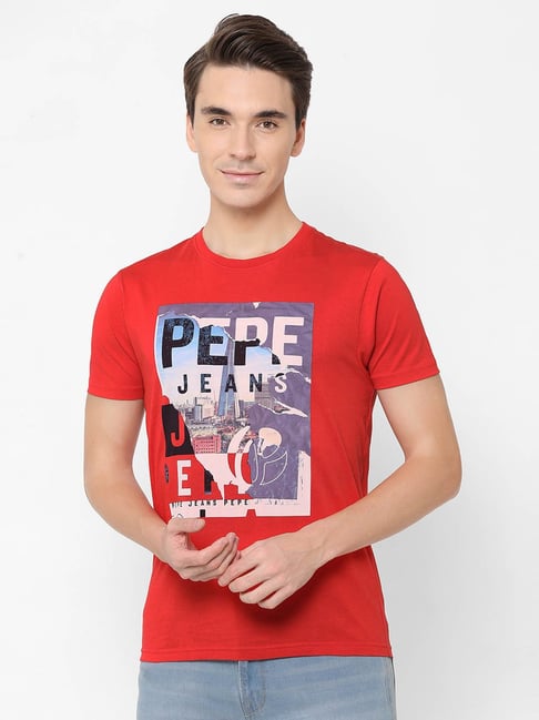 Pepe Jeans Red Round Neck Short Sleeves Printed T-Shirt