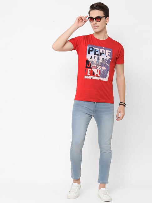 Pepe Jeans Red Round Neck Short Sleeves Printed T-Shirt