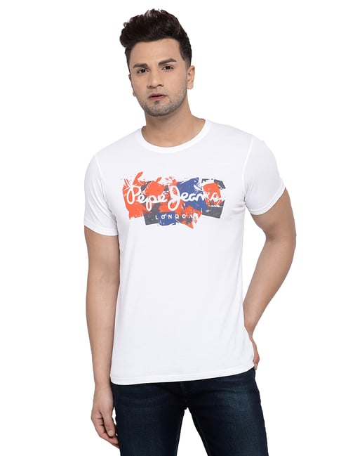 Pepe Jeans White Regular Fit Round Neck Printed T-Shirt