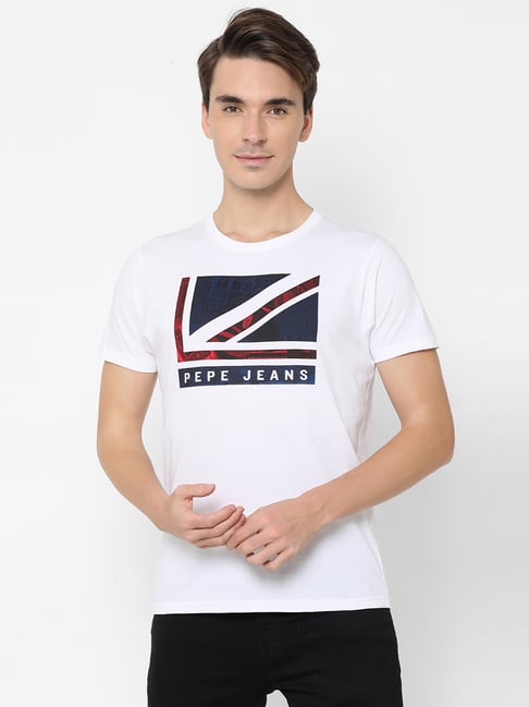 Pepe Jeans White Printed Regular Fit Round Neck T-Shirt