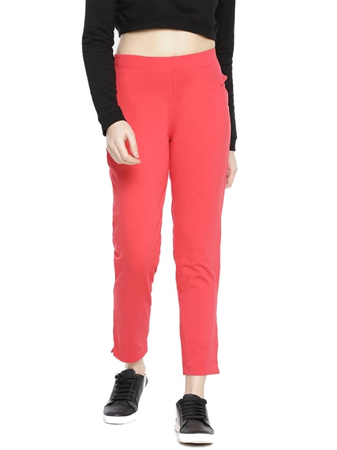 Women OffWhite Comfort Regular Fit Solid Cotton Cigarette Trousers   Virtual Kart