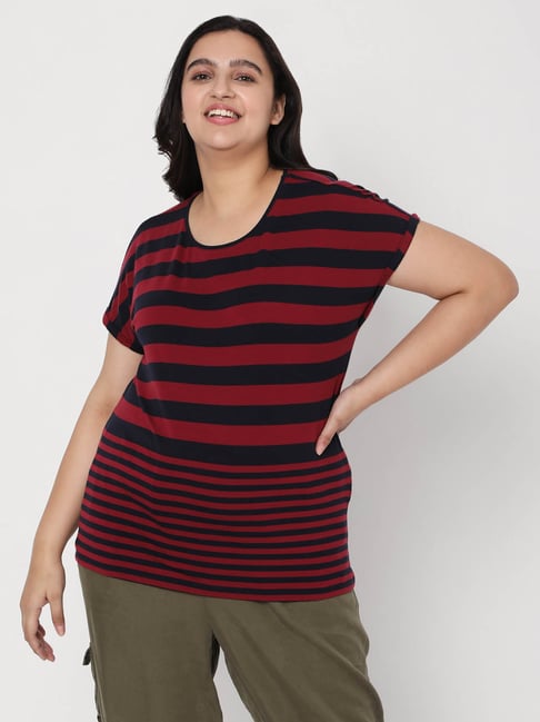 Vero Moda Curve Black & Red Striped T-Shirt Price in India