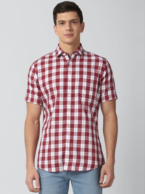 Van Heusen Maroon & White Cotton Slim Fit Checks Shirts