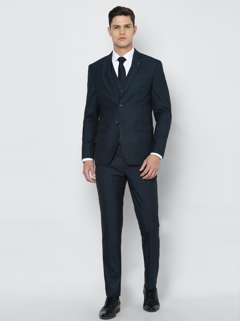 Louis Philippe Blue Slim Fit Checks Three Piece Suits