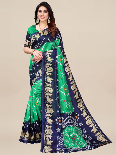 Saree Mall Green & Blue Printed Saree With Blouse Price in India