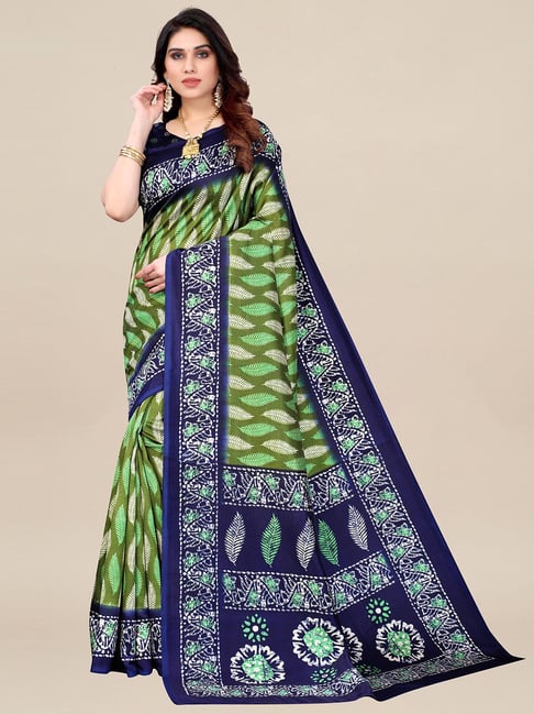 Saree Mall Green & Blue Printed Saree With Blouse Price in India