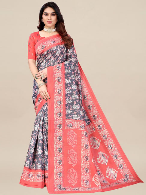 Saree Mall Grey & Pink Printed Saree With Blouse Price in India
