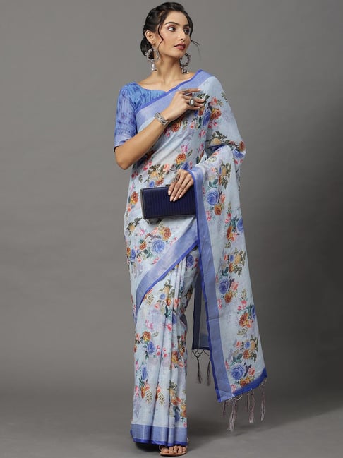 Saree Mall Light Blue Printed Saree With Blouse Price in India