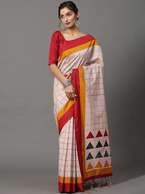 Saree Mall Beige Check Saree With Blouse Price in India