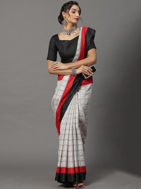 Saree Mall Grey Check Saree With Blouse Price in India
