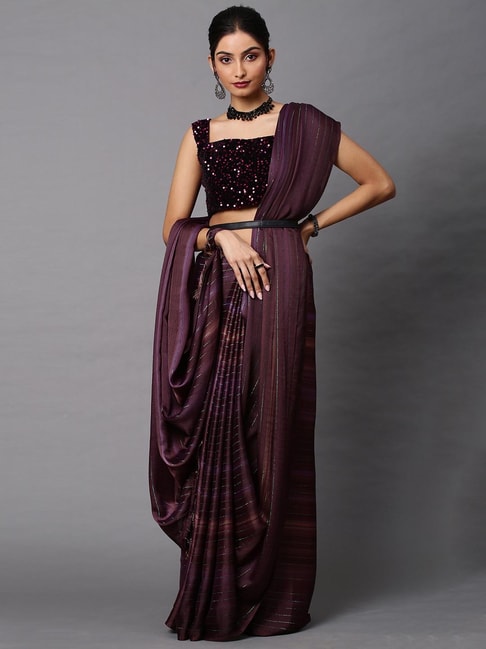 Saree Mall Purple Striped Saree With Blouse Price in India