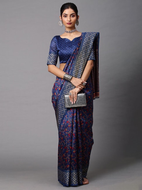Saree Mall Dark Blue Printed Saree With Blouse Price in India