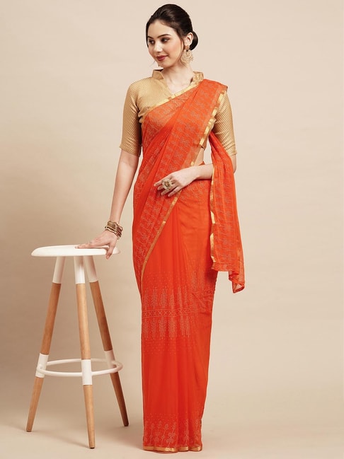 Golden Zari Border Party Wear Orange Colored Raw Silk Saree – Cygnus Fashion