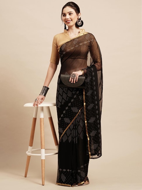 Saree Mall Black Embellished Saree With Blouse Price in India