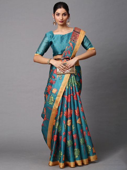 Saree Mall Blue Printed Saree With Blouse Price in India