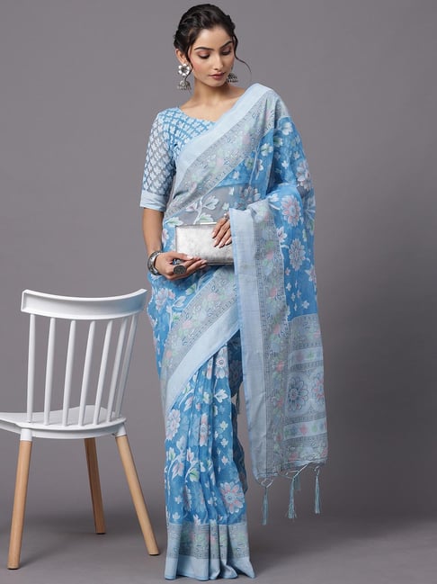 Saree Mall Light Blue Printed Saree With Blouse Price in India