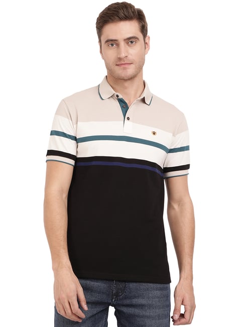 Buy JadeBlue Beige Striped Polo T-Shirt 