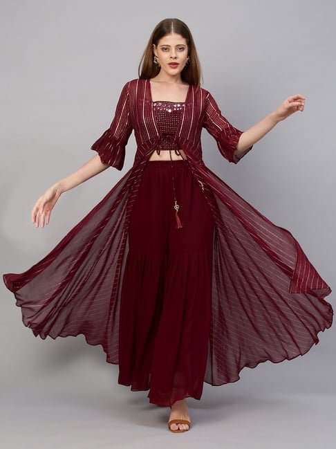 Buy Maroon Chanderi V Neck Embroidered Jacket And Sharara Set For Women by  Megha & Jigar Online at Aza Fashions.