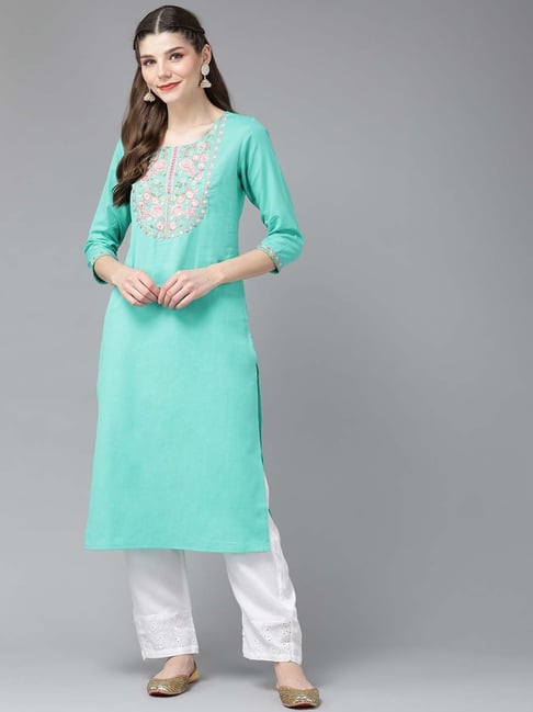 Yufta Aqua Blue Cotton Embroidered Kurta Price in India