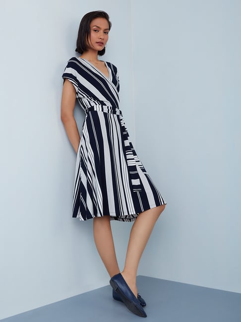 Wardrobe by Westside Navy Striped Dress With Belt Price in India
