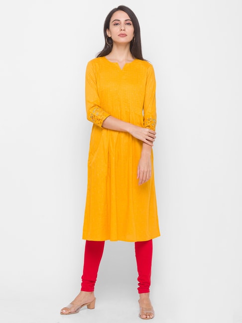 Globus Yellow Embroidered A Line Kurta Price in India