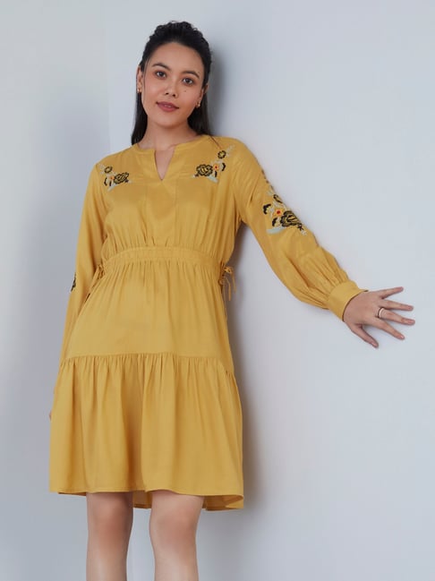 LOV by Westside Mustard Embroidered Lucille Dress Price in India