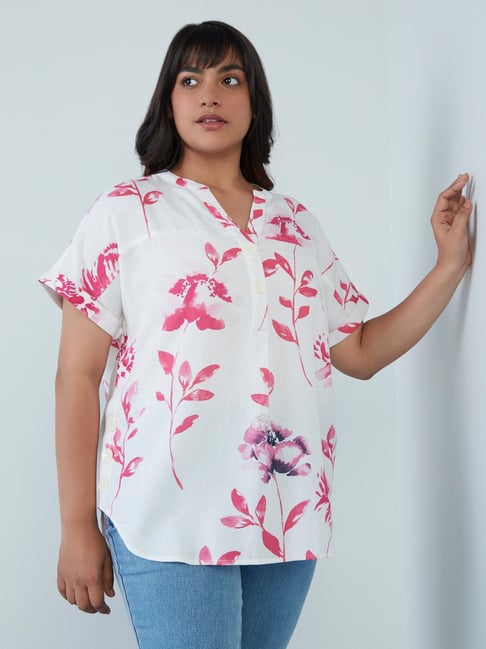 Gia Curves by Westside White Floral Print High-Low Top Price in India