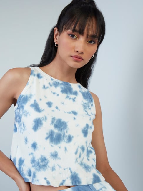 Nuon by Westside Blue Ribbed Tie-Dye Tank Top Price in India