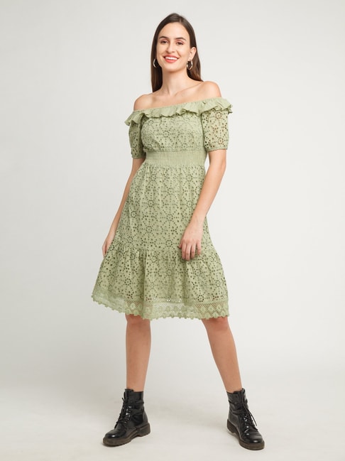 Zink London Green Cut Work A-Line Dress Price in India