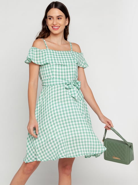 Zink London Green Check A-Line Dress Price in India