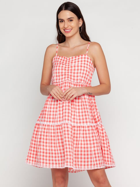 Zink London Red Check A-Line Dress Price in India