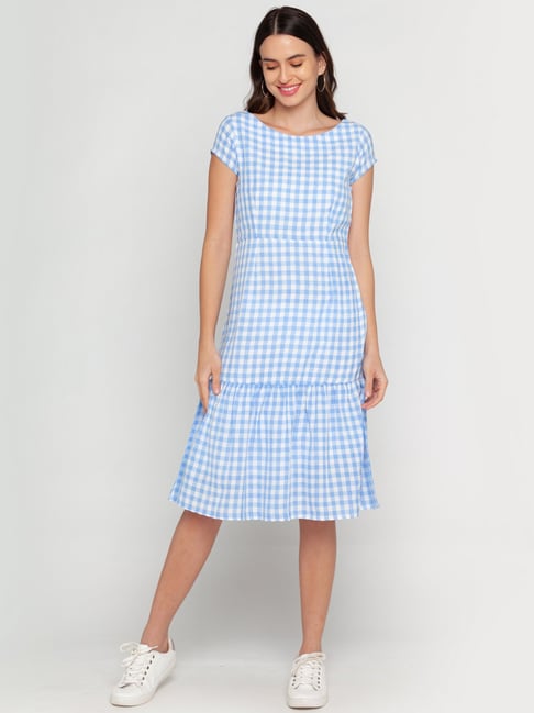 Zink London Blue Check A-Line Dress Price in India
