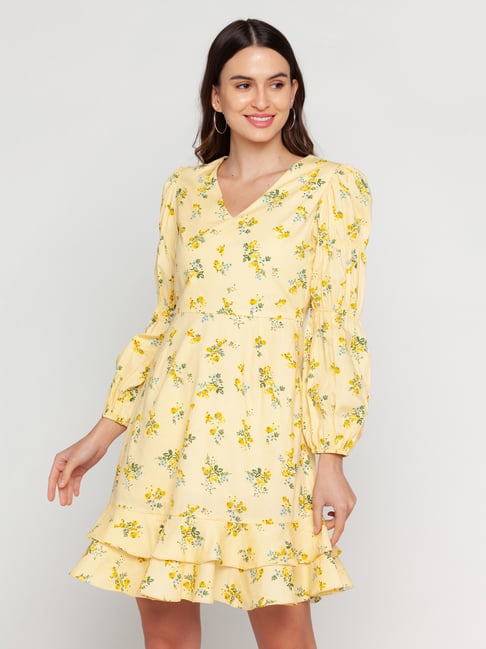 Zink London Yellow Printed A-Line Dress Price in India
