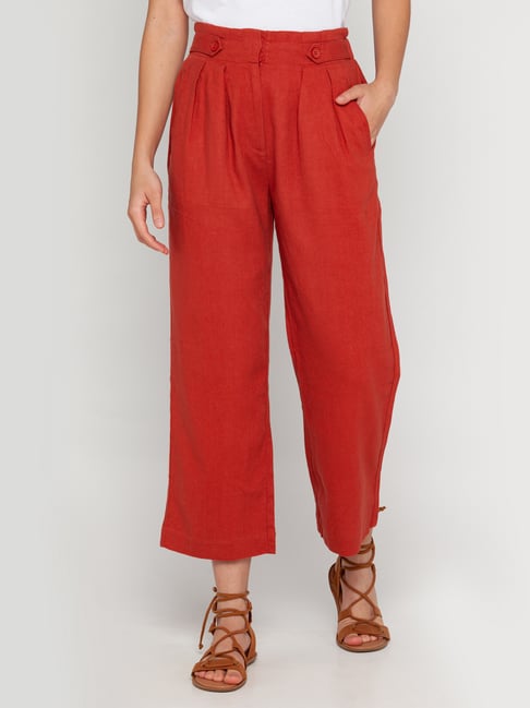 Red Solid Wide Leg Trousers For Women – Zink London
