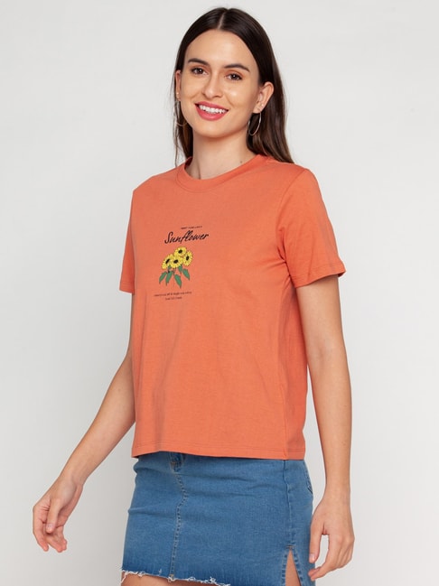 Zink London Orange Printed Crew T-Shirt Price in India