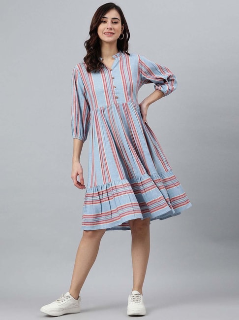 Janasya Blue Cotton  Stripes Casual Dresses Price in India